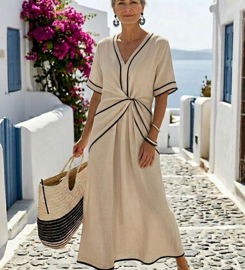 Linnea - Midikleid mit V-Ausschnitt, Kurzarm und gerafftem Bund