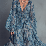 Grace - blaues Boho-Chiffon-Maxikleid mit Blumenprint