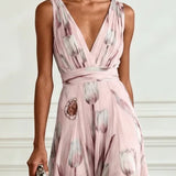 Nerea - elegantes Maxikleid mit Tulpenprint und V-Ausschnitt