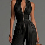 Abigail - plissierter Chiffon-Jumpsuit mit V-Ausschnitt, weitem Bein und Reißverschluss