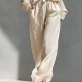 Thalia - beiges Set aus schulterfreiem Strick-Top und weiter Hose