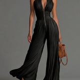 Abigail - plissierter Chiffon-Jumpsuit mit V-Ausschnitt, weitem Bein und Reißverschluss